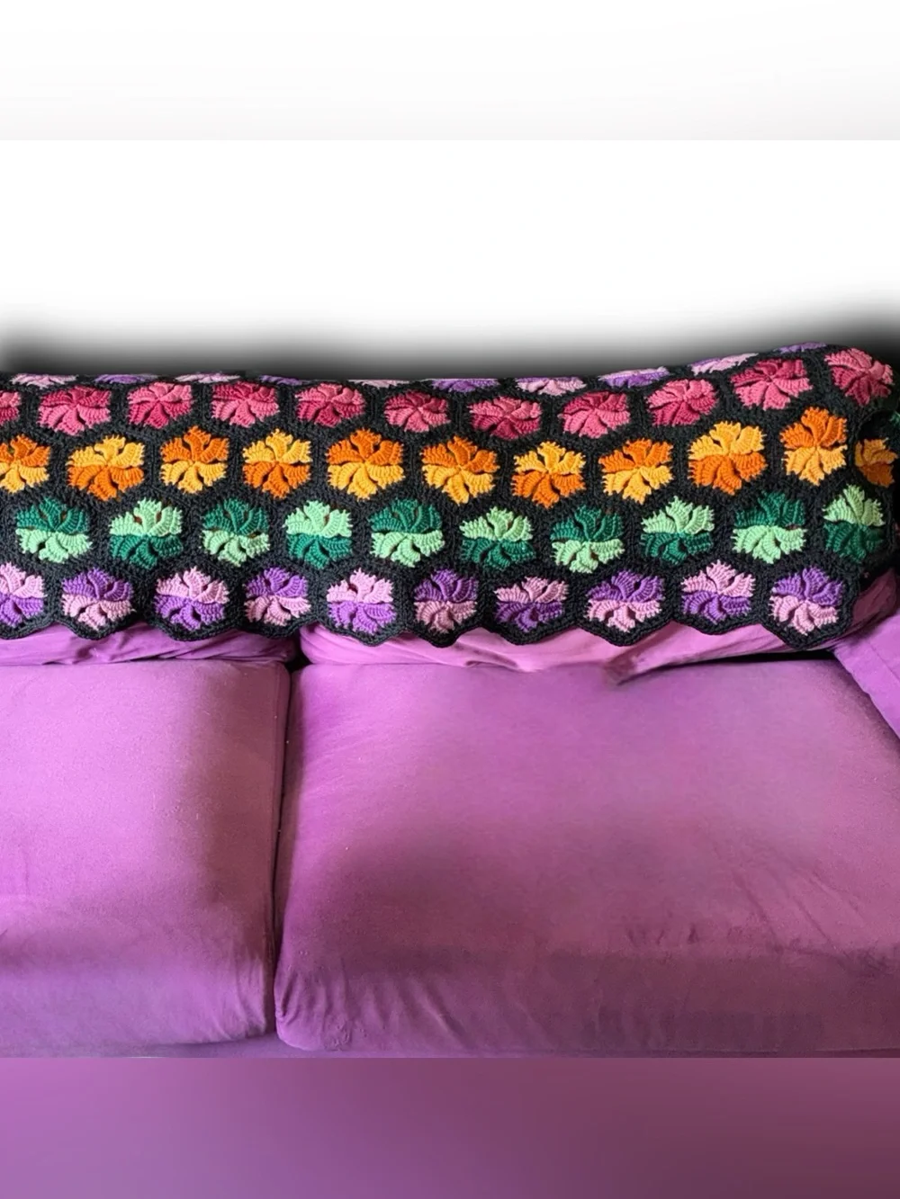 Vintage Handmade Granny Square Black Floral Multicolor Crochet Throw Blanket